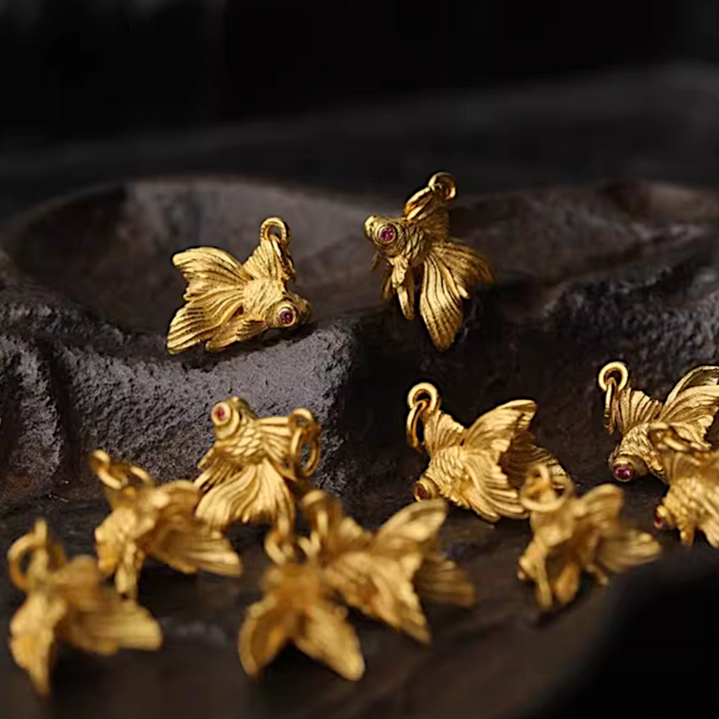 24K 999 Pure Gold Hand-Engraved Goldfish Fish Pendant