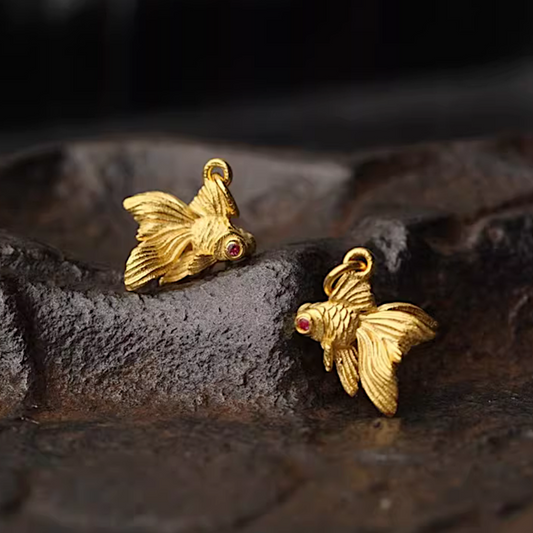 24K 999 Pure Gold Hand-Engraved Goldfish Fish Pendant