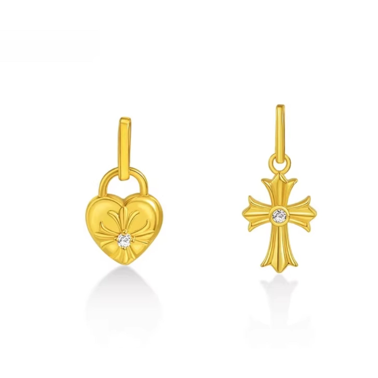 24k Gold Diamond Heart Cross Mini Charm