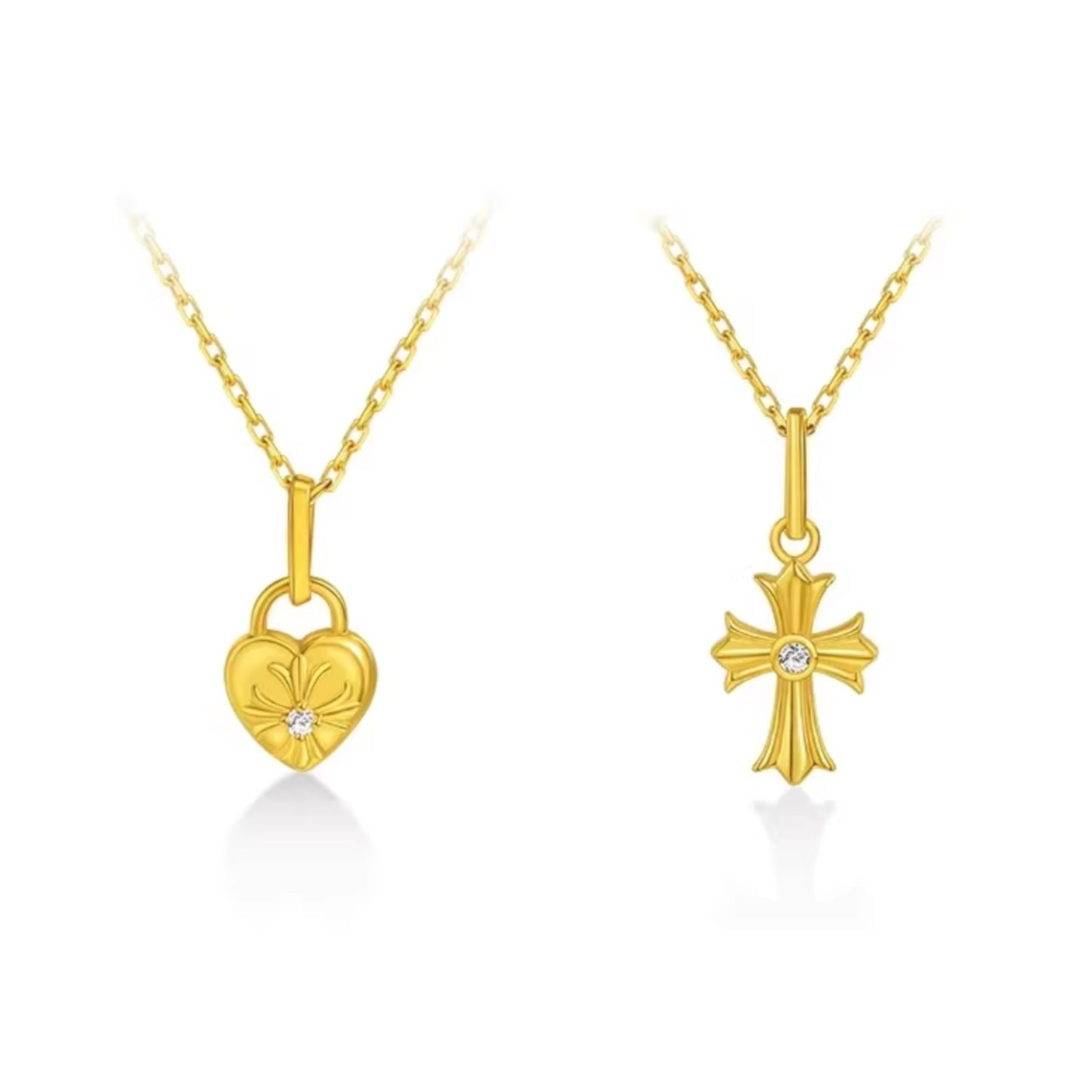 24k Gold Diamond Heart Cross Mini Charm