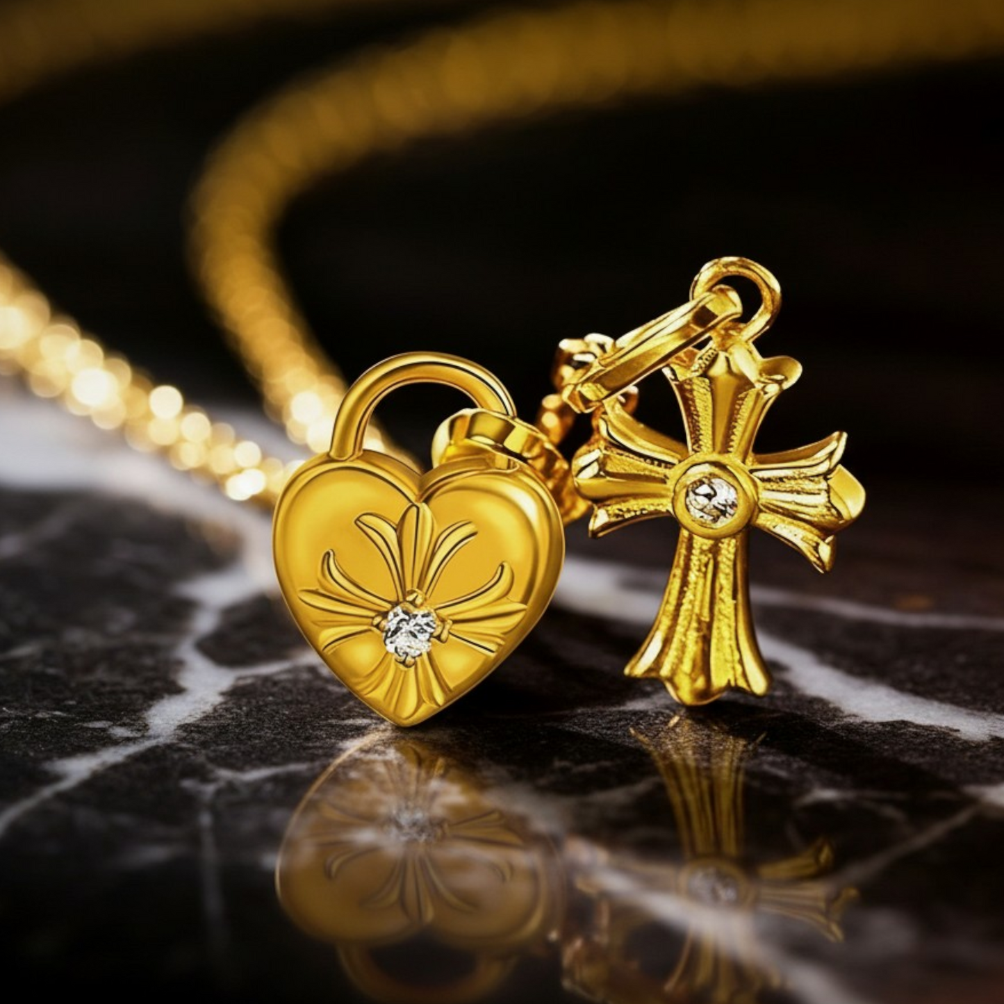 24k Gold Diamond Heart Cross Mini Charm