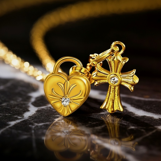 24k Gold Diamond Heart Cross Mini Charm