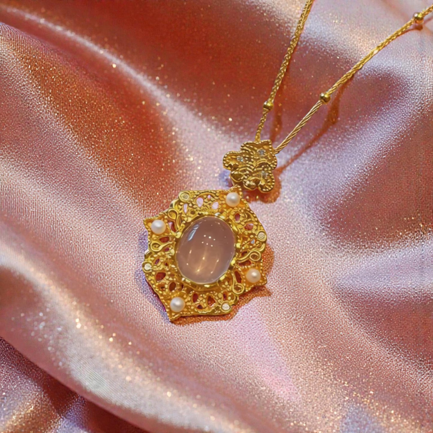 24k 999 Gold Pearl Rose Quartz Gemstone Pendant