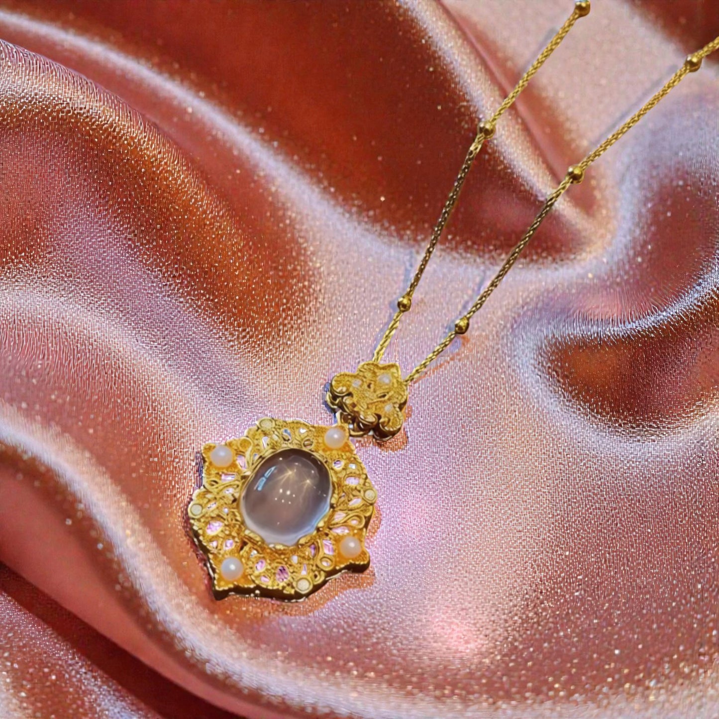 24k 999 Gold Pearl Rose Quartz Gemstone Pendant