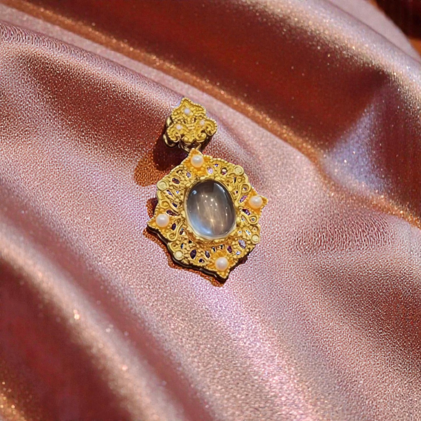 24k 999 Gold Pearl Rose Quartz Gemstone Pendant