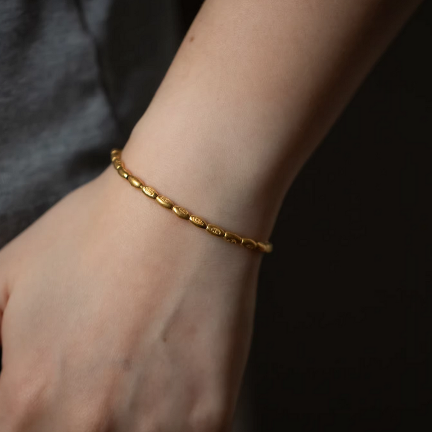 24K Pure 999 Gold Rice Beads Woven Rope Bracelet