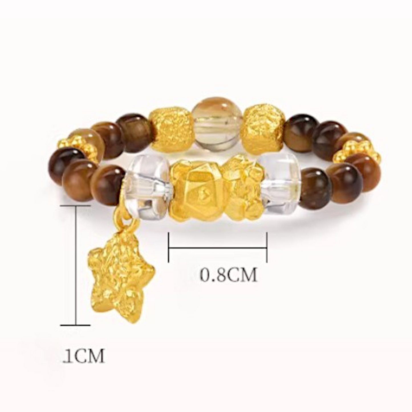 24K Gold Bear and Star Charm Tiger's Eye Quartz Beads Ring