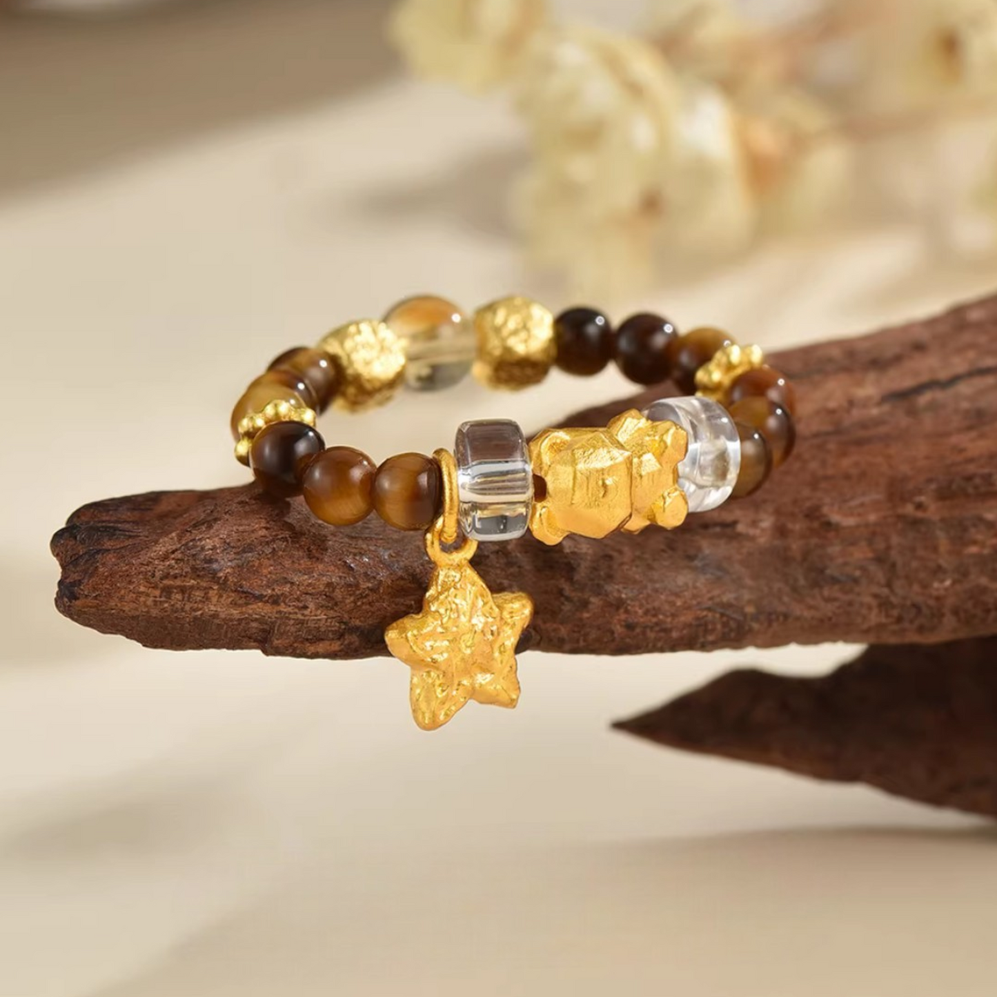 24K Gold Bear and Star Charm Tiger's Eye Quartz Beads Ring