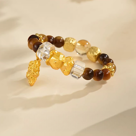 24K Gold Bear and Star Charm Tiger's Eye Quartz Beads Ring