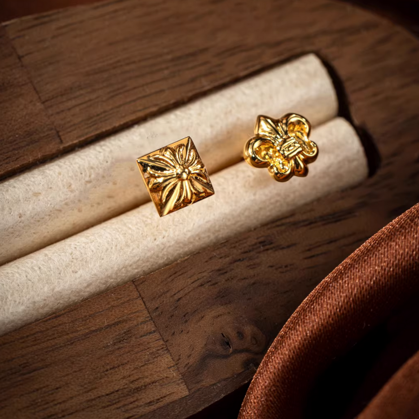 18K Fine Gold Fleur de Lis Iris Cross Stud Earrings