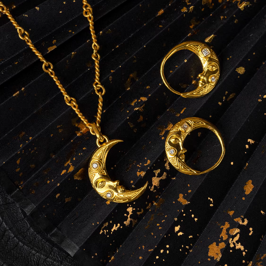 24K Fine Gold Moon Diamond Earring and Pendant