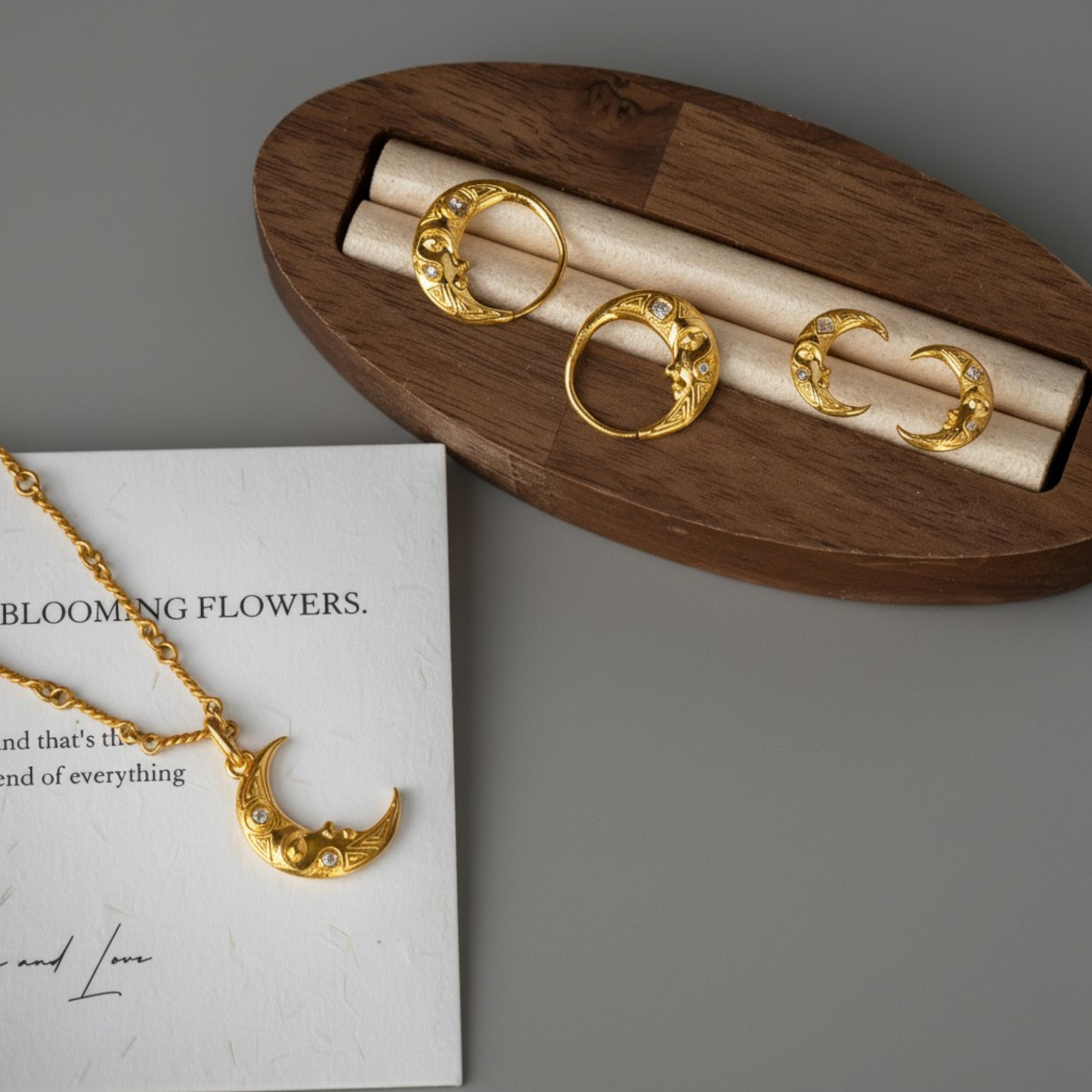 24K Fine Gold Moon Diamond Earring and Pendant