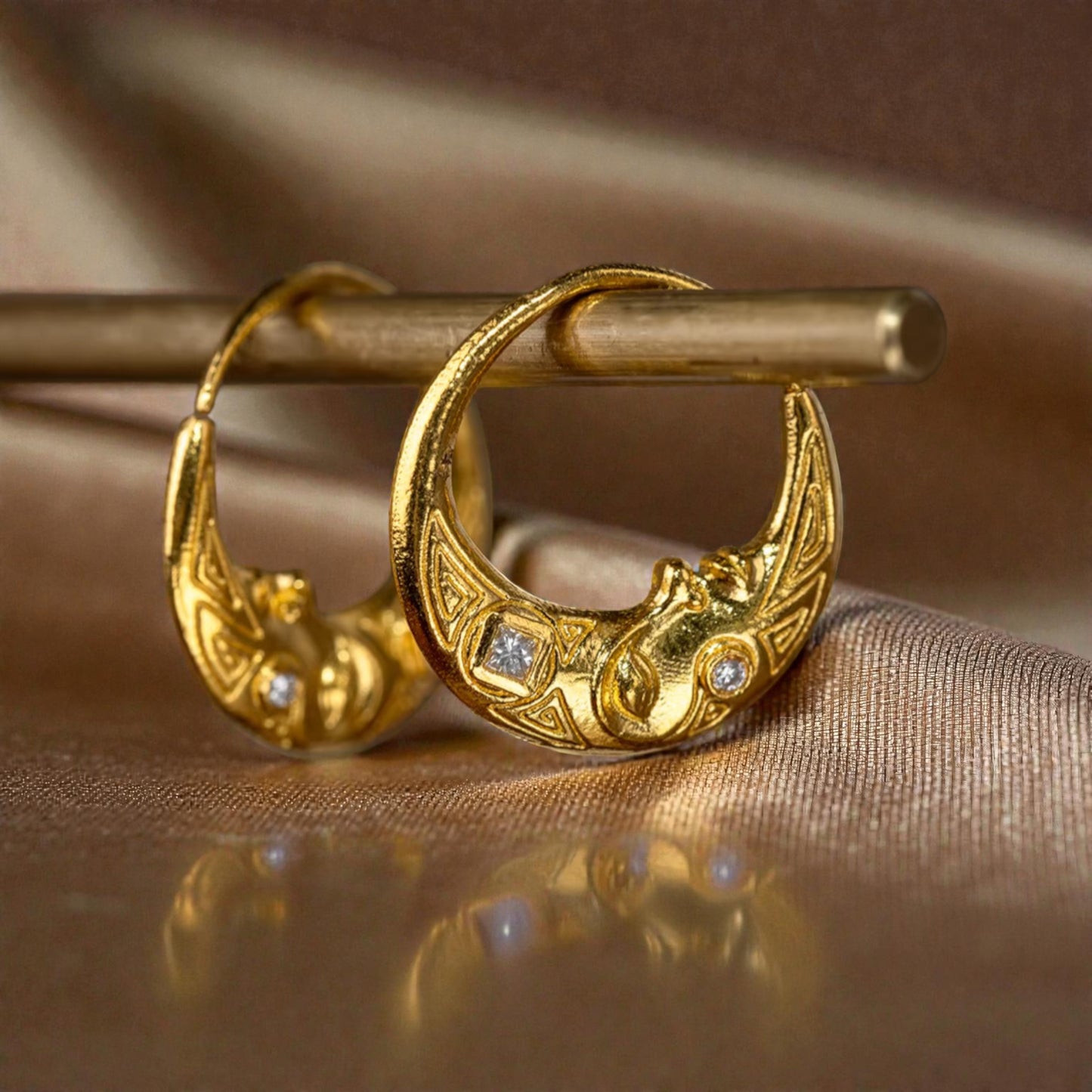 24K Fine Gold Moon Diamond Earring and Pendant
