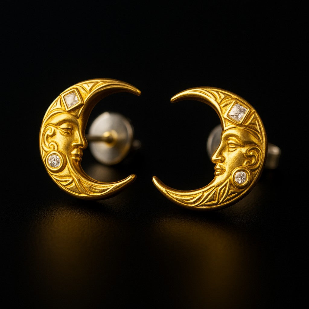 24K Fine Gold Moon Diamond Earring and Pendant