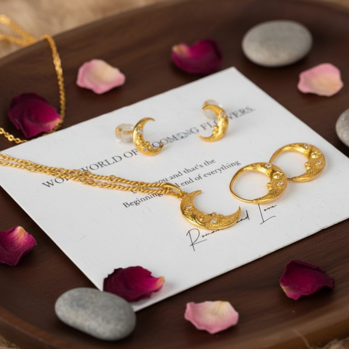 24K Fine Gold Moon Diamond Earring and Pendant