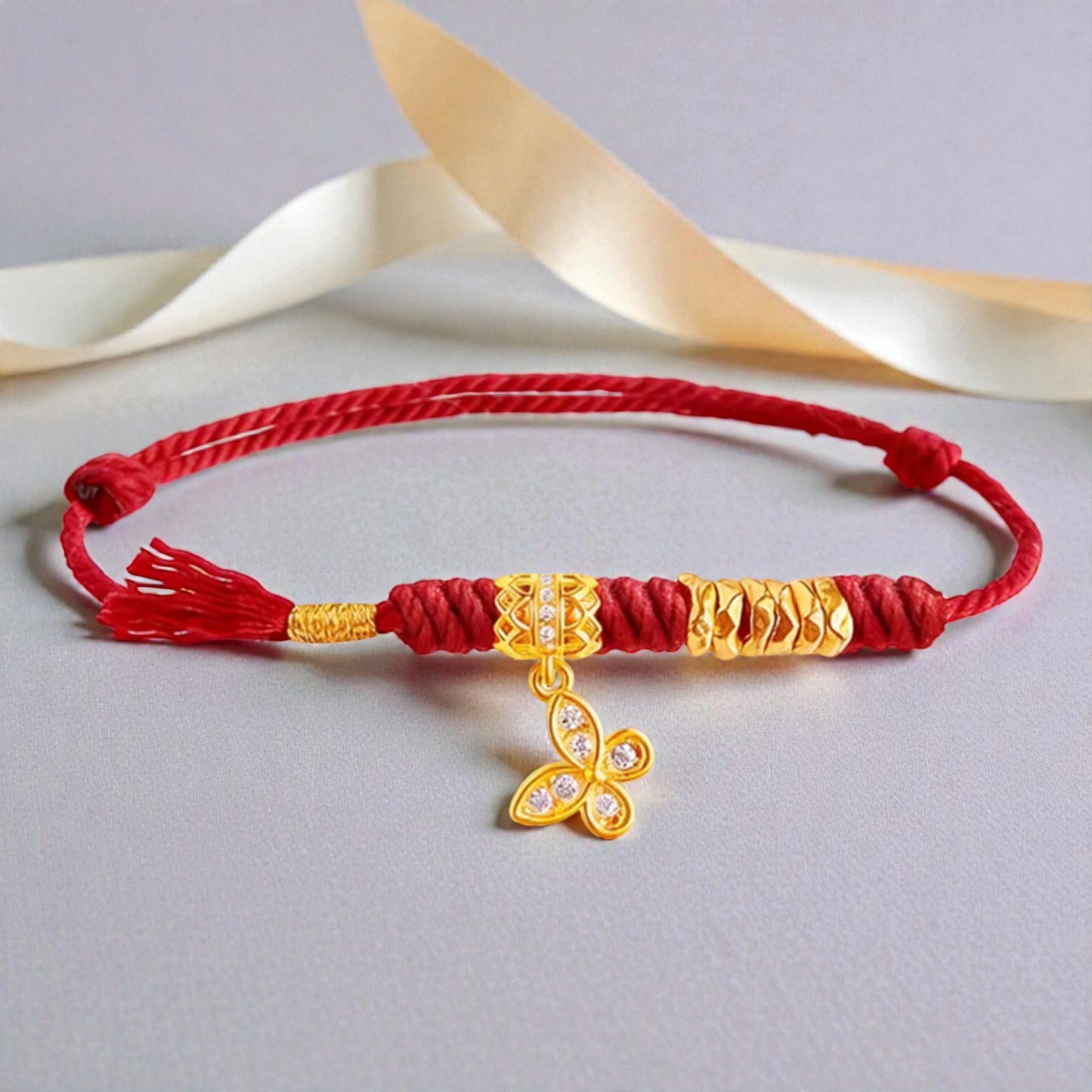 24k 999 Fine Gold Butterfly Charm Braided Bracelet