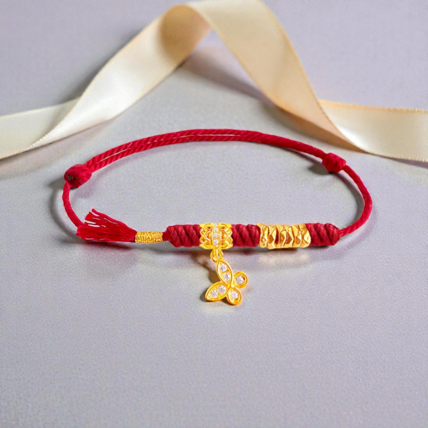 24k 999 Fine Gold Butterfly Charm Braided Bracelet