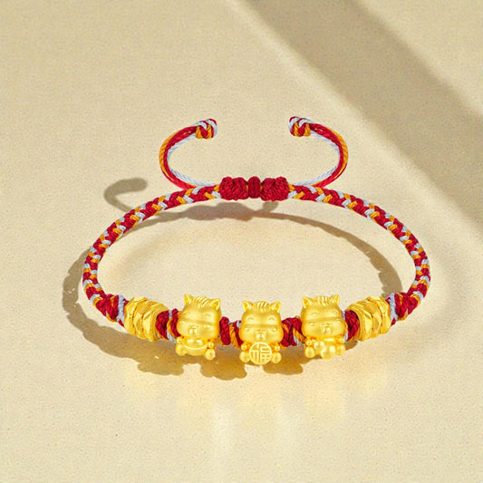 24K Hard Gold Chinese Zodiac Horse Charm Braided Bracelet