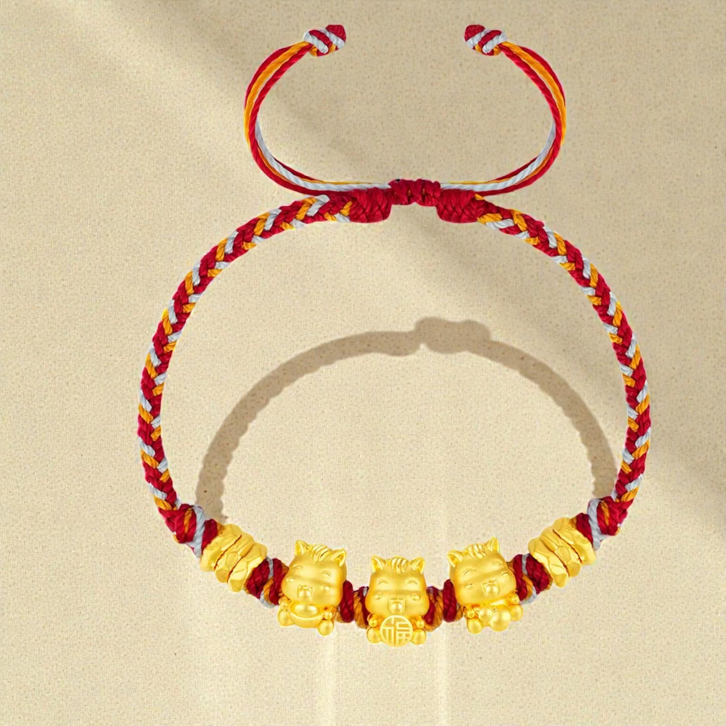 24K Hard Gold Chinese Zodiac Horse Charm Braided Bracelet
