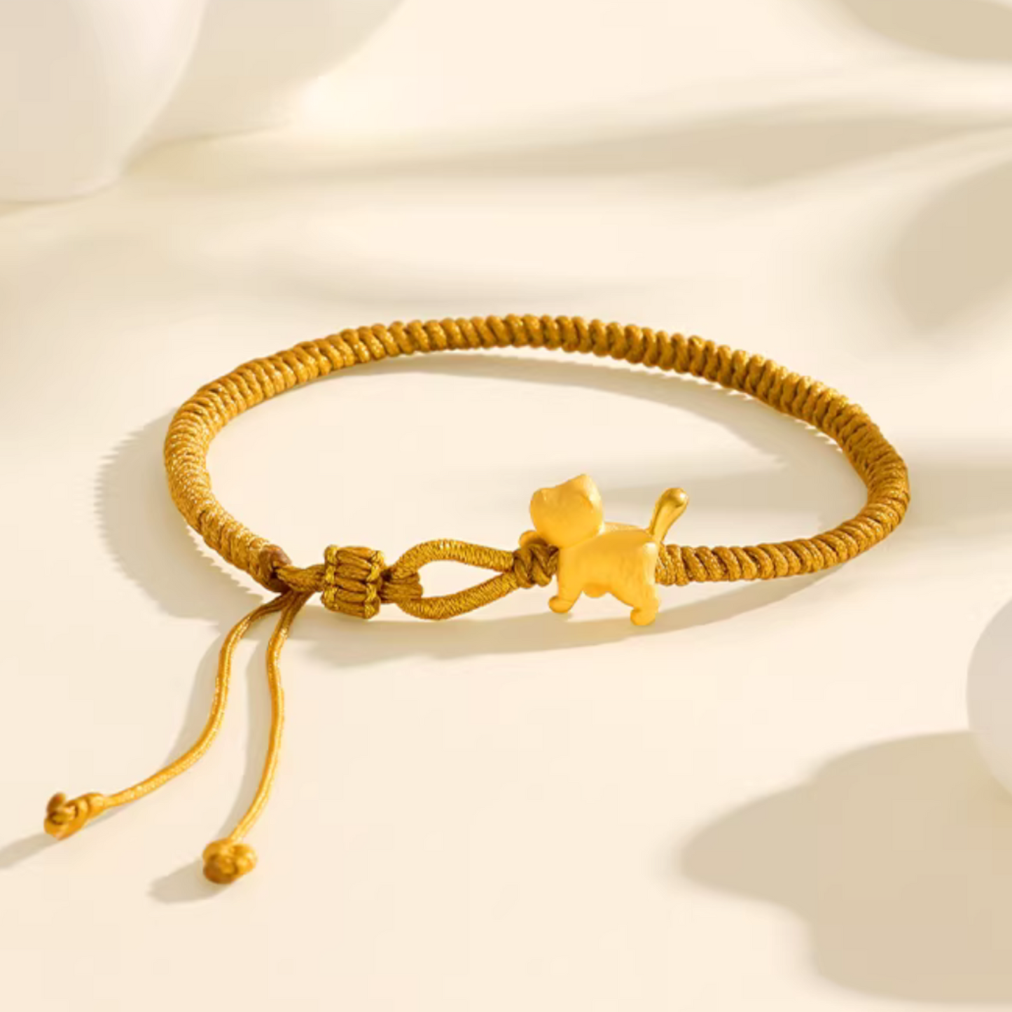 24K Gold Cute Kitty Cat Charm Braided Bracelet