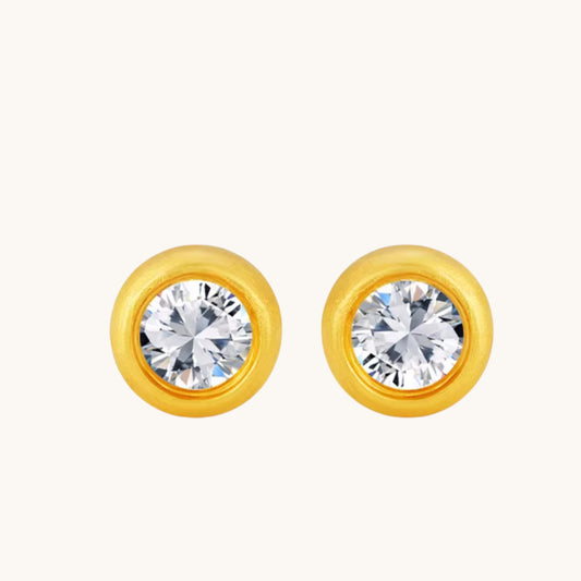 Genuine 24K Gold Diamond Round Minimal Stud Earrings