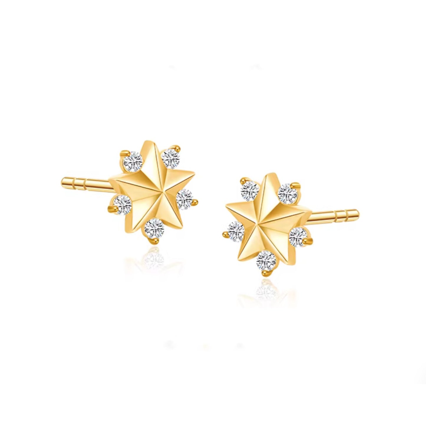 Genuine 18K Gold Diamond Star Stud Earrings