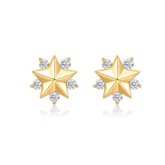 Genuine 18K Gold Diamond Star Stud Earrings