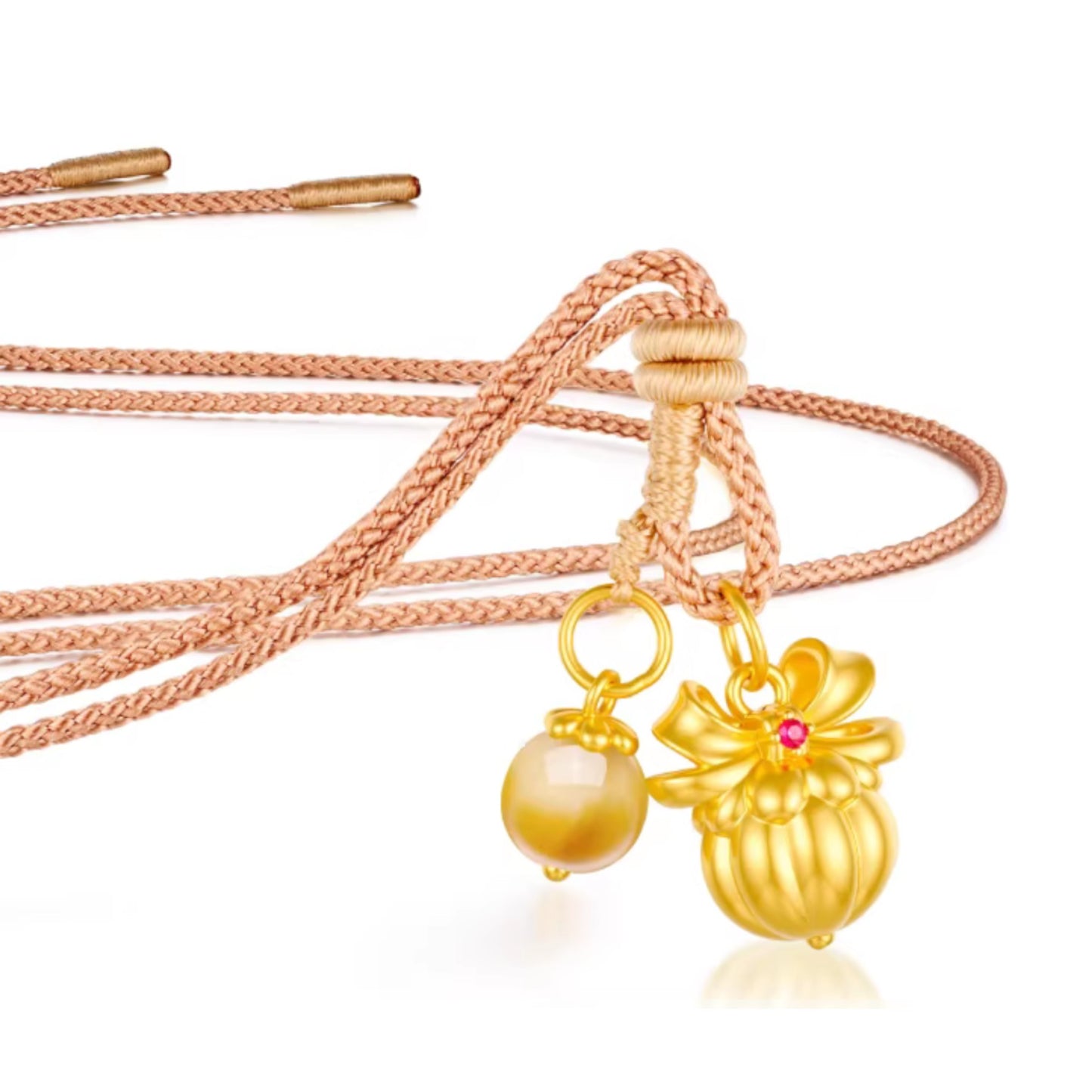 24K 5D Hard Gold Cute Amber Berry Cherry Hazelnut Charms Braided Rope Necklace