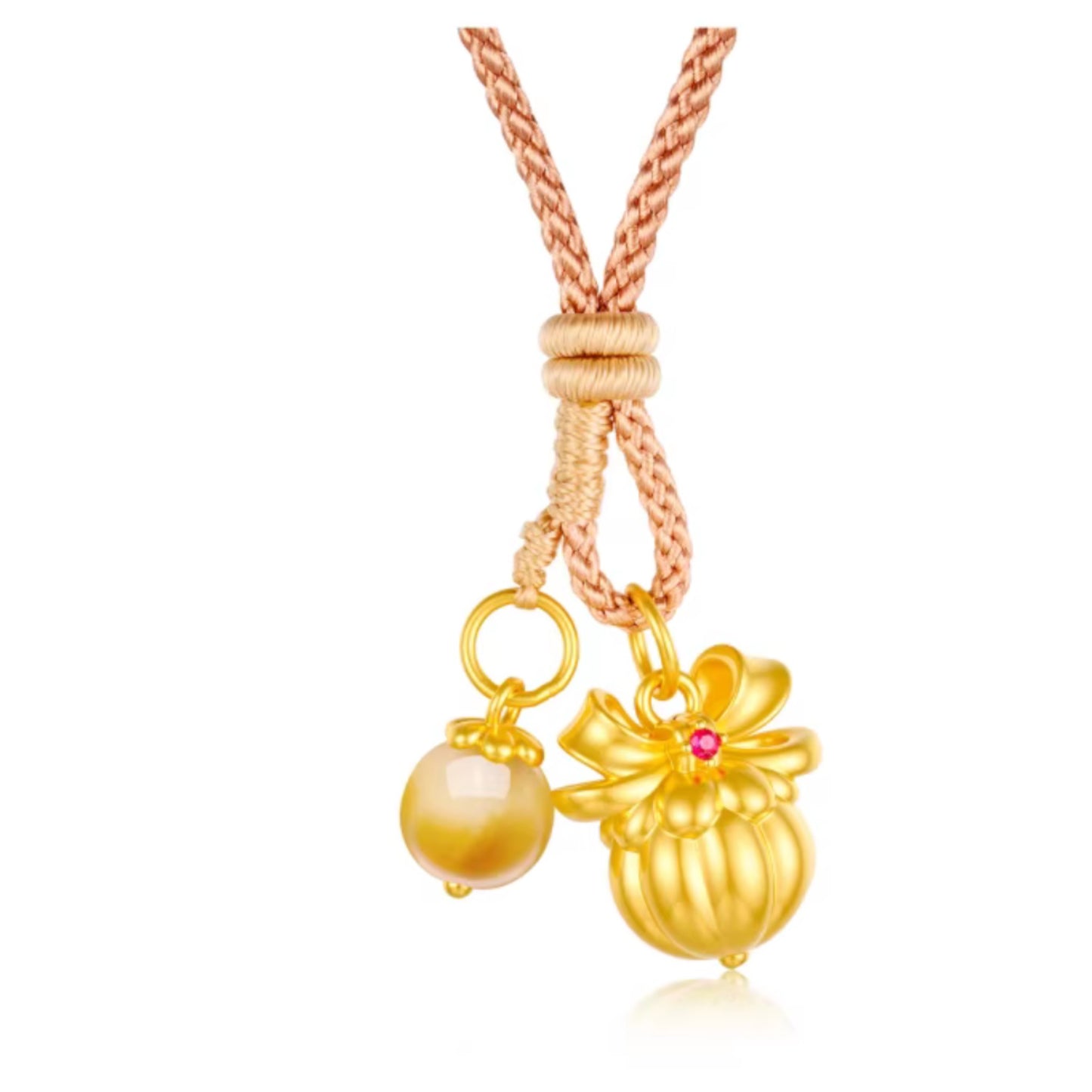 24K 5D Hard Gold Cute Amber Berry Cherry Hazelnut Charms Braided Rope Necklace