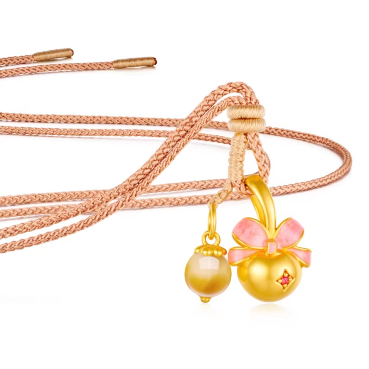 24K 5D Hard Gold Cute Amber Berry Cherry Hazelnut Charms Braided Rope Necklace