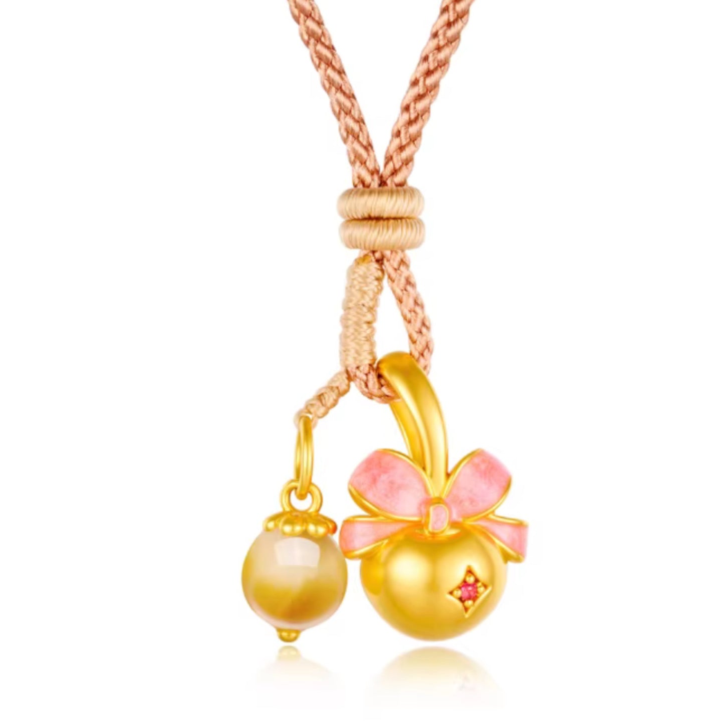24K 5D Hard Gold Cute Amber Berry Cherry Hazelnut Charms Braided Rope Necklace