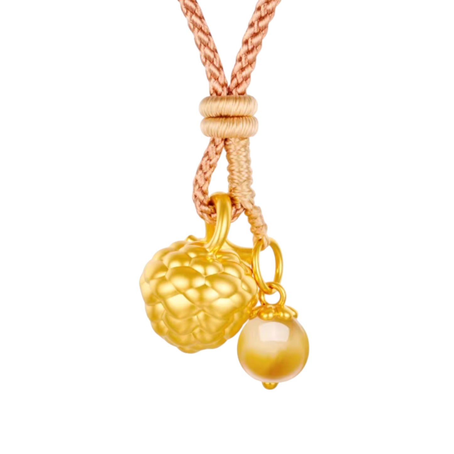 24K 5D Hard Gold Cute Amber Berry Cherry Hazelnut Charms Braided Rope Necklace