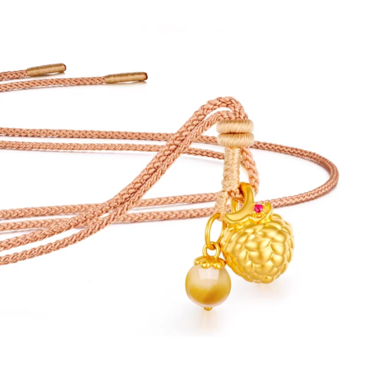 24K 5D Hard Gold Cute Amber Berry Cherry Hazelnut Charms Braided Rope Necklace