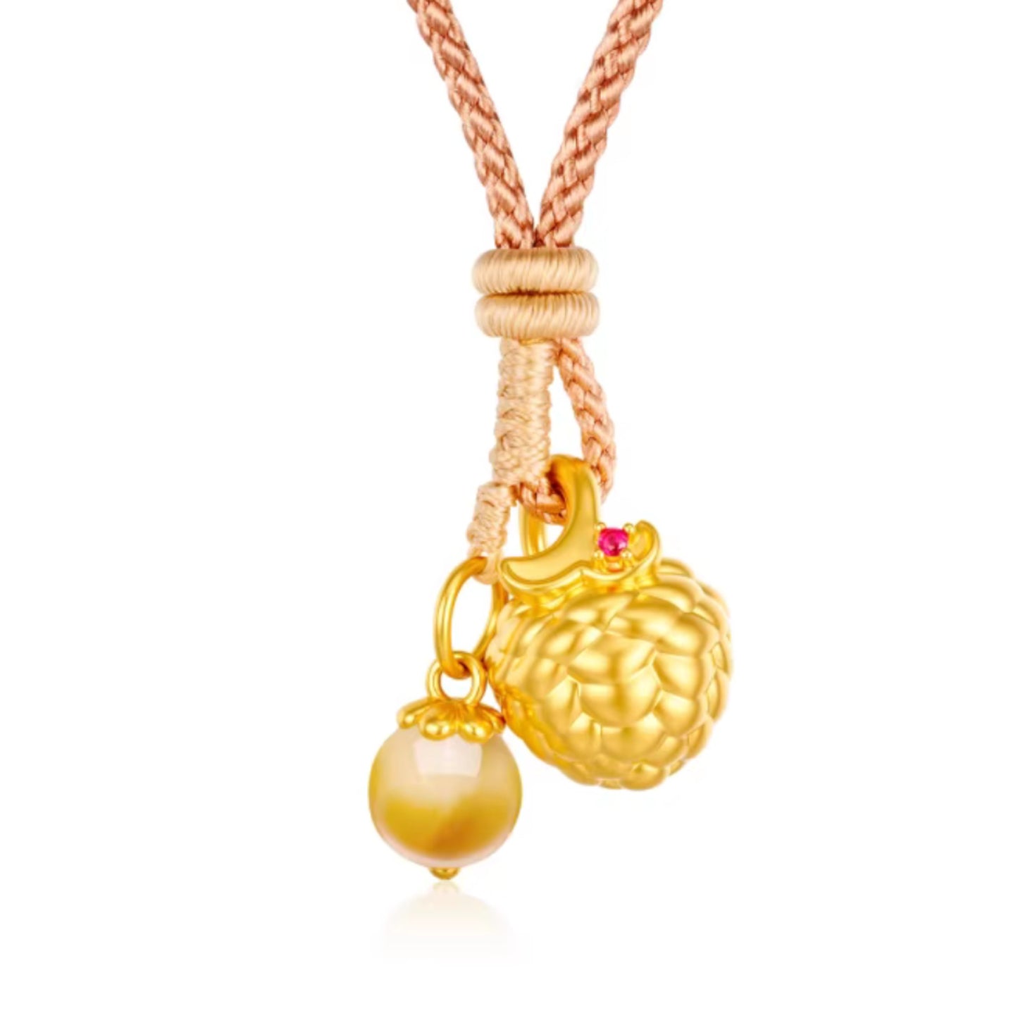 24K 5D Hard Gold Cute Amber Berry Cherry Hazelnut Charms Braided Rope Necklace