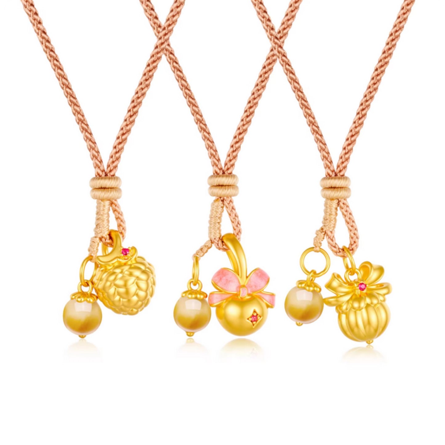 24K 5D Hard Gold Cute Amber Berry Cherry Hazelnut Charms Braided Rope Necklace