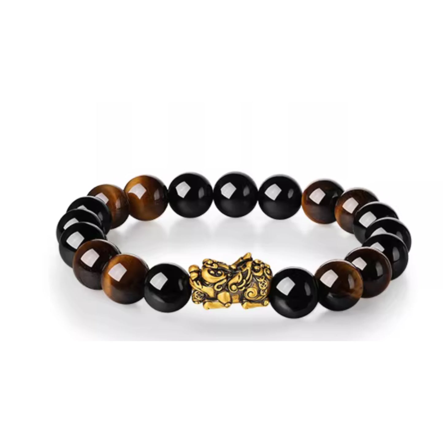 24K Gold Wealth Pixiu Charm with Tiger Eye Stone Beads Unisex Bracelet