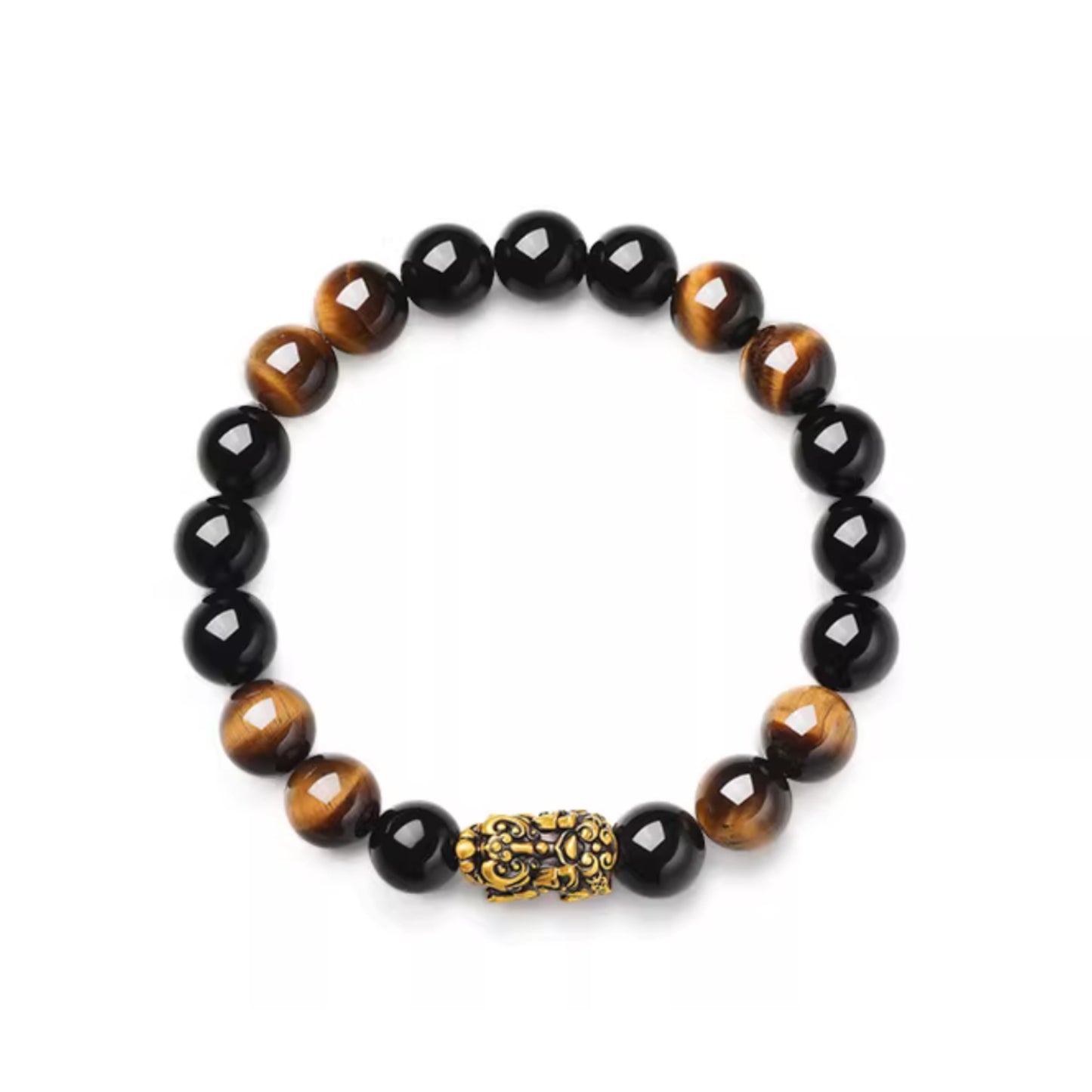 24K Gold Wealth Pixiu Charm with Tiger Eye Stone Beads Unisex Bracelet