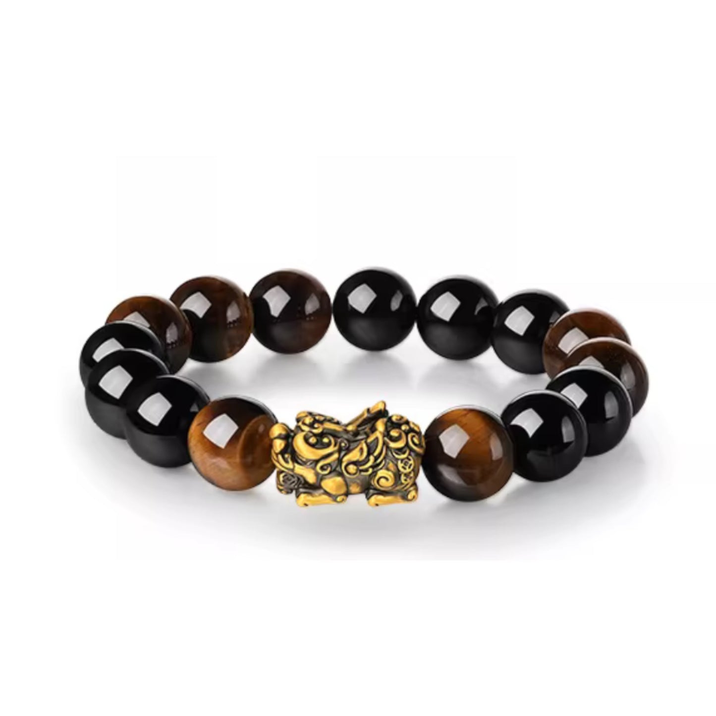 24K Gold Wealth Pixiu Charm with Tiger Eye Stone Beads Unisex Bracelet
