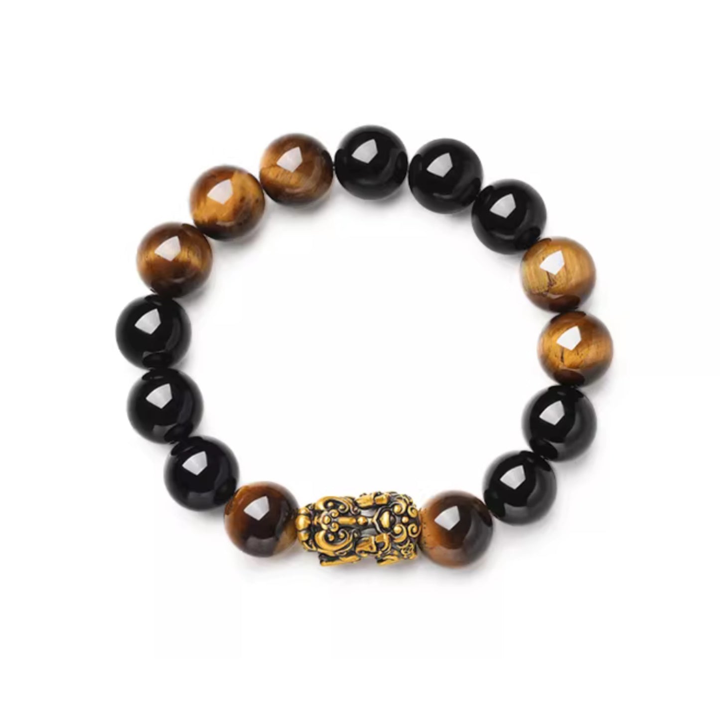 24K Gold Wealth Pixiu Charm with Tiger Eye Stone Beads Unisex Bracelet