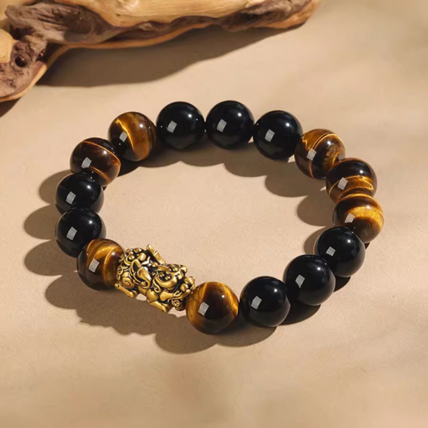 24K Gold Wealth Pixiu Charm with Tiger Eye Stone Beads Unisex Bracelet