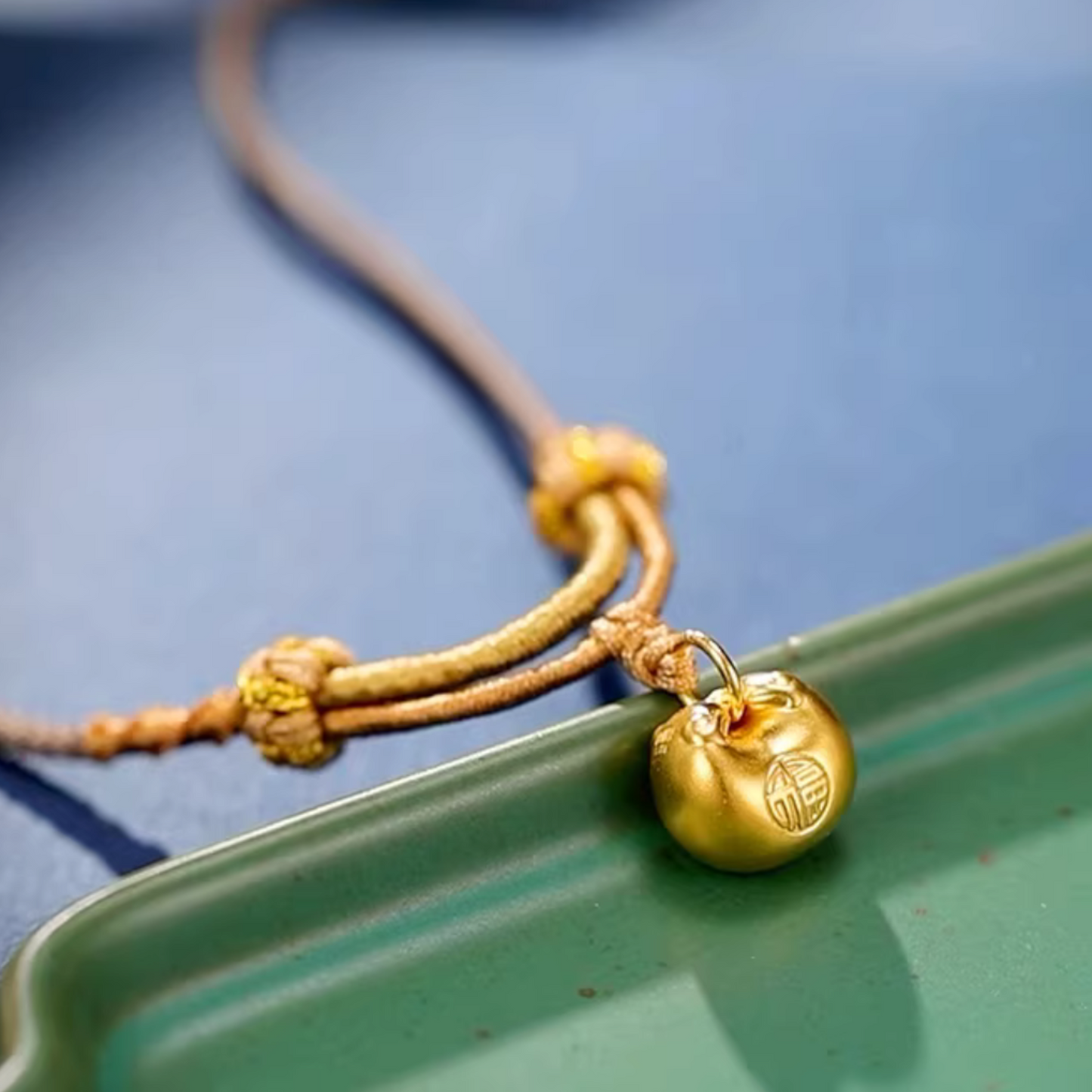 24K Gold Blessing Fu Lock Charm Weaving Rope Necklace