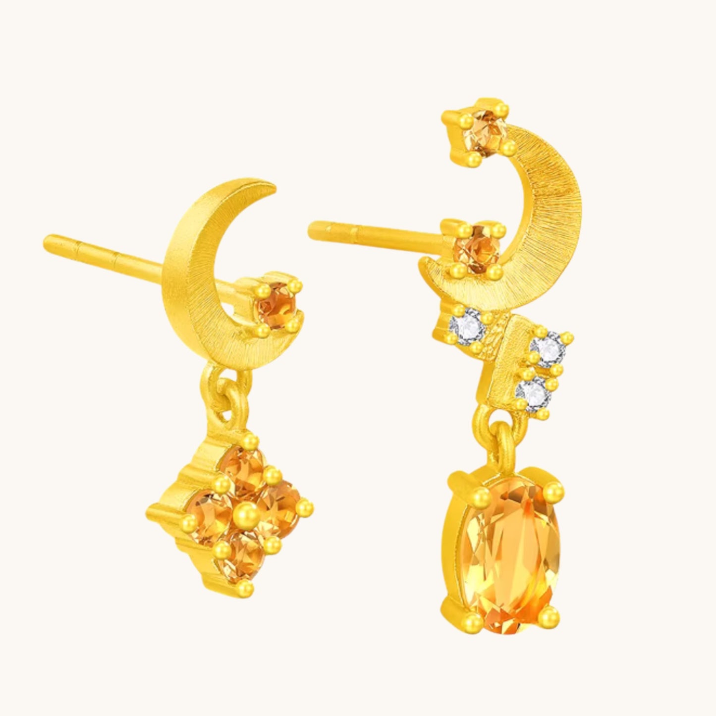 Genuine 24K 5G Gold Moon Yellow crystal Moissanite Stud Earrings