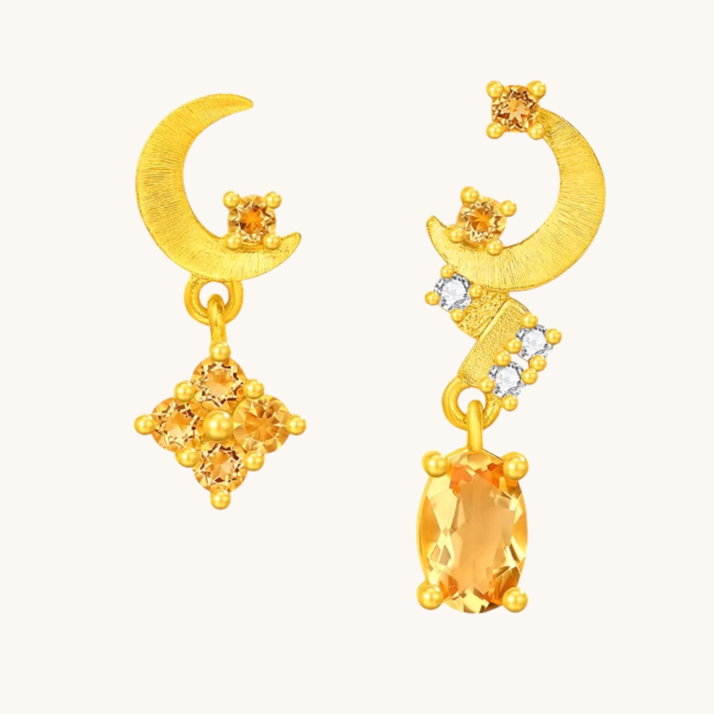 Genuine 24K 5G Gold Moon Yellow crystal Moissanite Stud Earrings