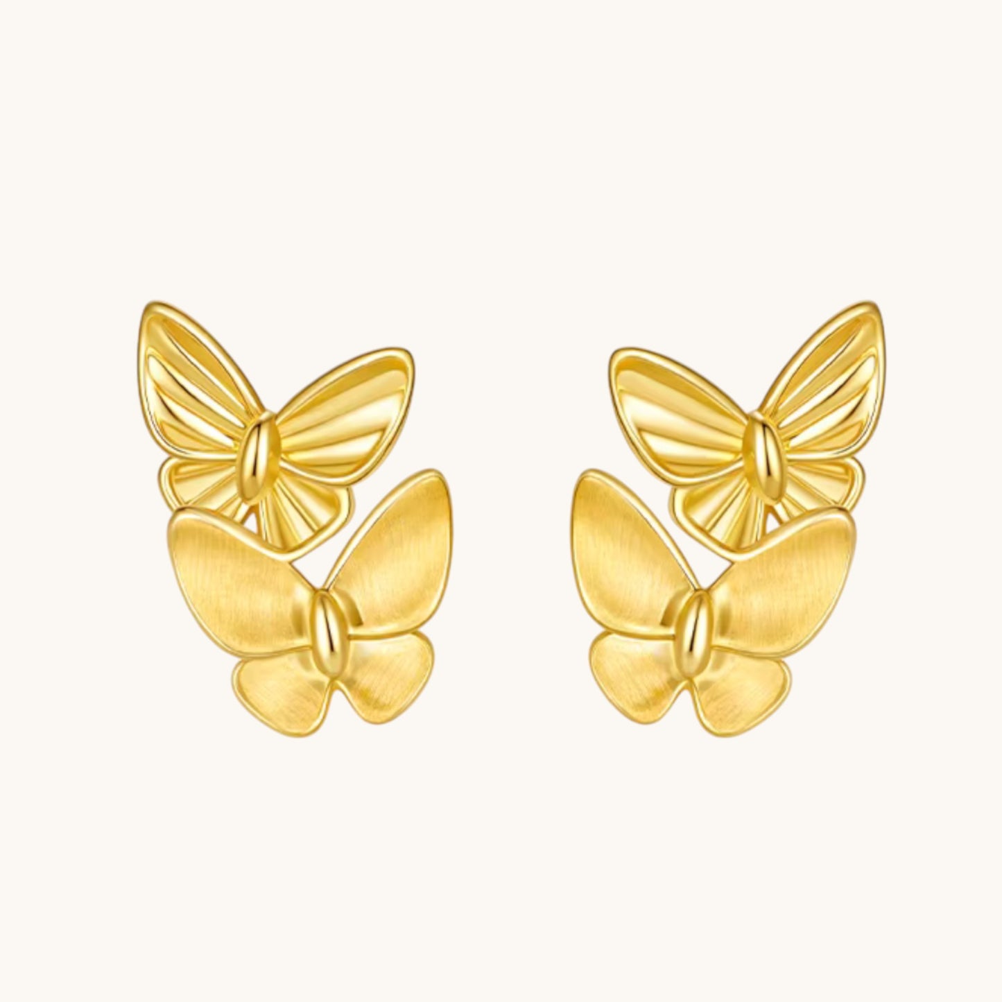 Genuine 24K Gold Double Butterfly Stud Earrings