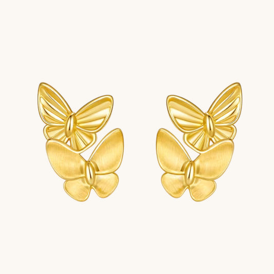 Genuine 24K Gold Double Butterfly Stud Earrings