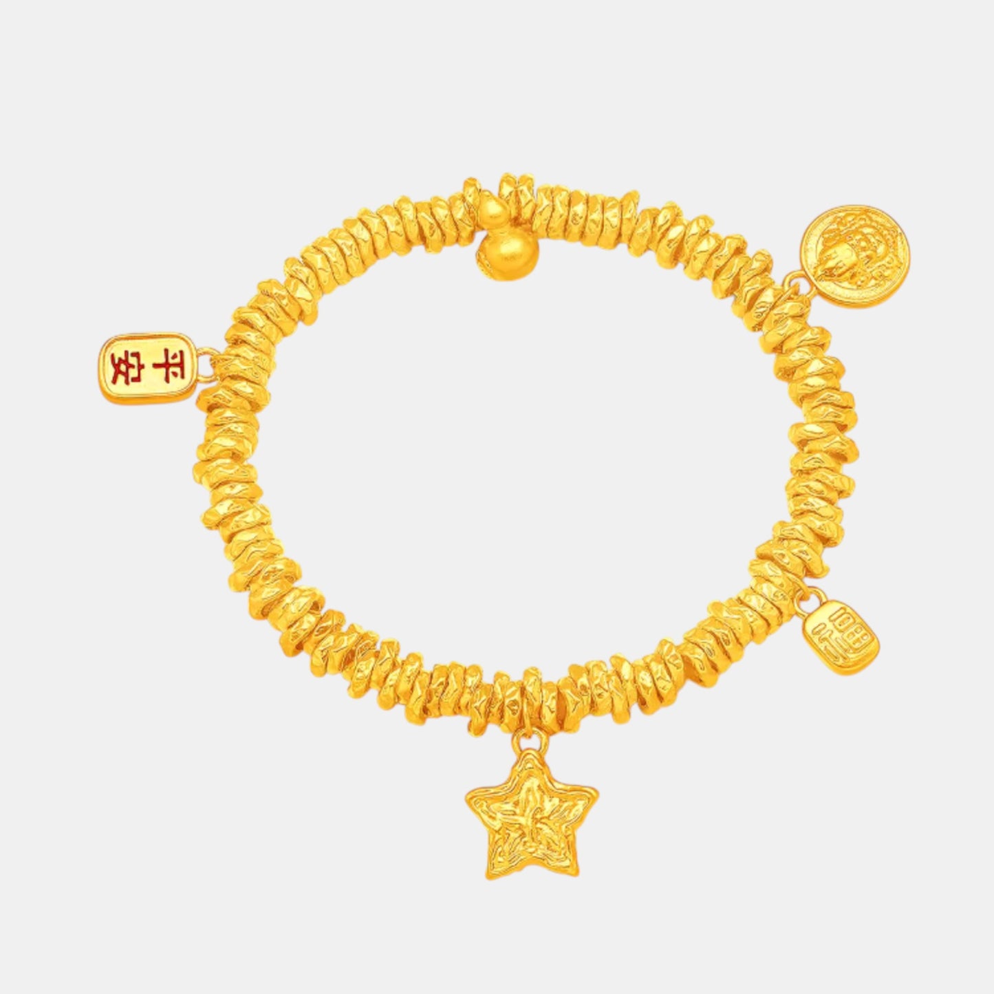 24K 5G Gold Minimal Beads Fu Blessing Bring Wealth Charms Bracelet