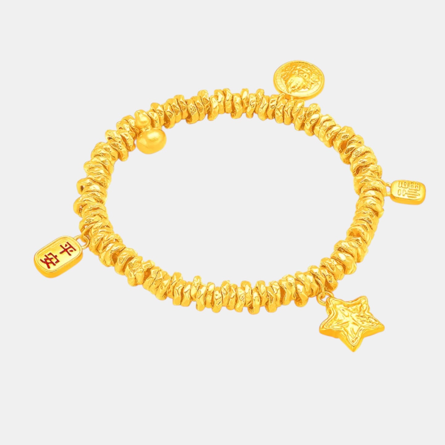 24K 5G Gold Minimal Beads Fu Blessing Bring Wealth Charms Bracelet
