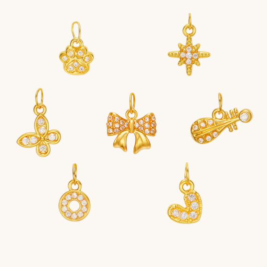 24K 999 Gold Zircon Mini Charms D.I.Y Butterfly Bow Heart Shape