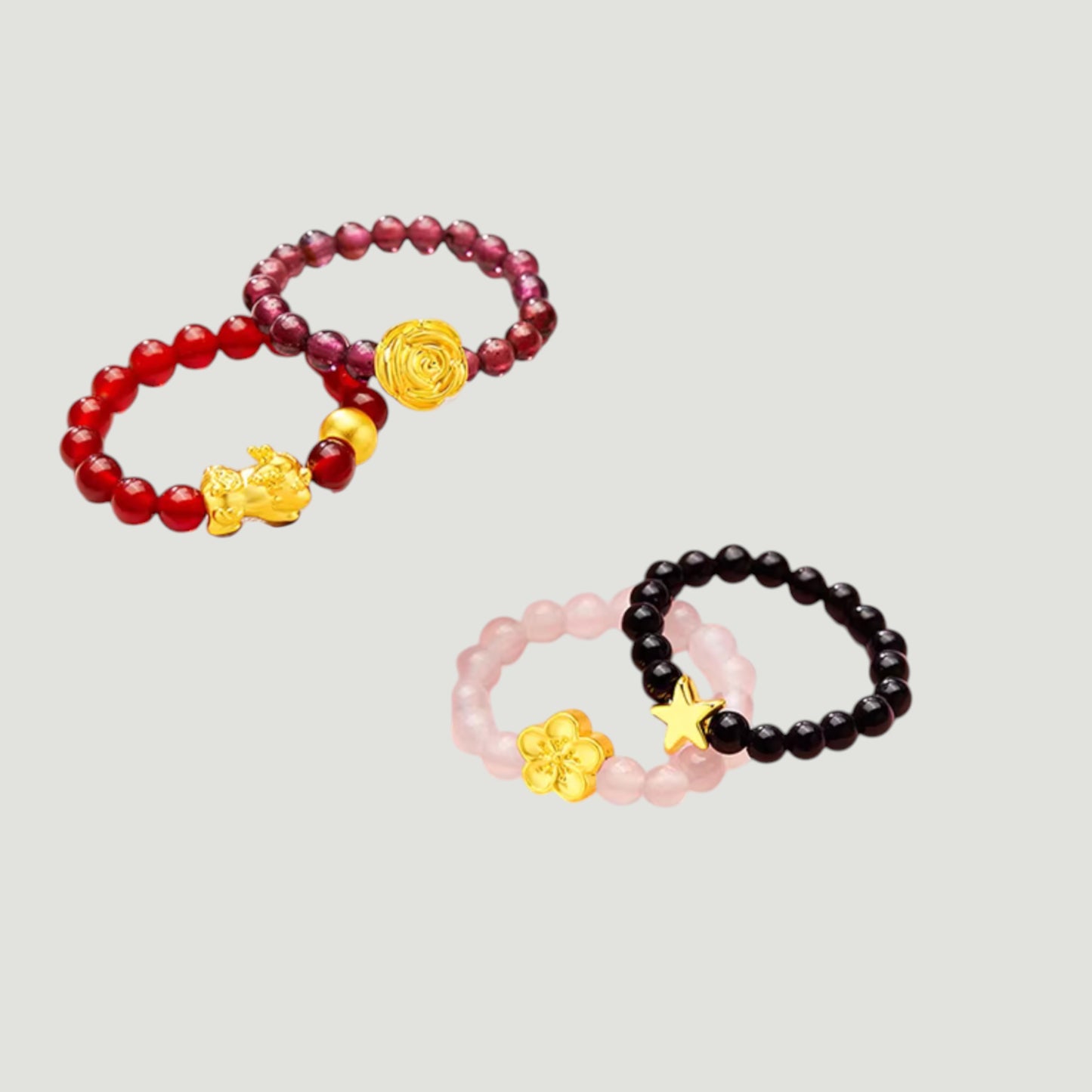 24K 999 5D Hard Gold Mini Star Charm Black Agate Beads Ring