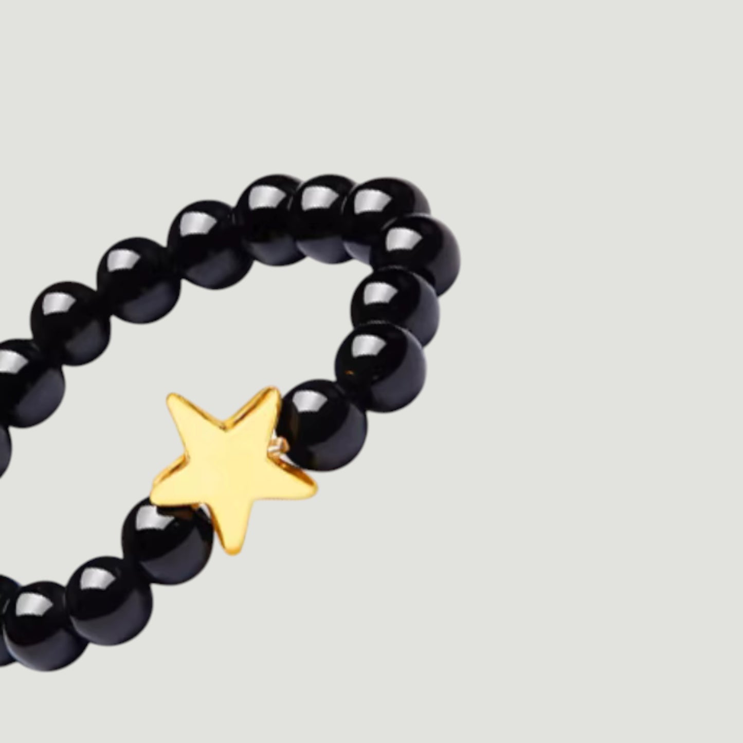 24K 999 5D Hard Gold Mini Star Charm Black Agate Beads Ring